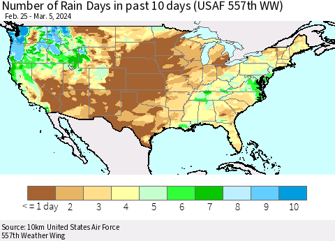 United States Number of Rain Days in past 10 days (USAF 557th WW) Thematic Map For 3/1/2024 - 3/5/2024