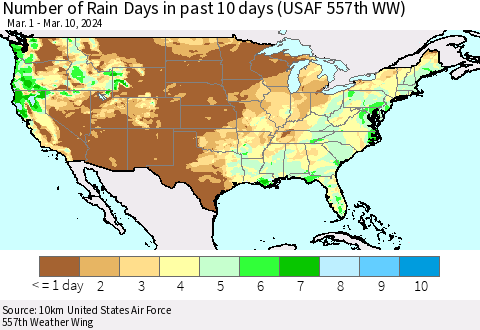 United States Number of Rain Days in past 10 days (USAF 557th WW) Thematic Map For 3/6/2024 - 3/10/2024