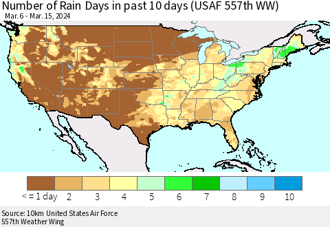United States Number of Rain Days in past 10 days (USAF 557th WW) Thematic Map For 3/11/2024 - 3/15/2024