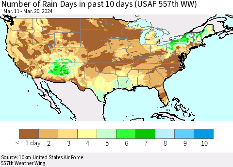 United States Number of Rain Days in past 10 days (USAF 557th WW) Thematic Map For 3/16/2024 - 3/20/2024