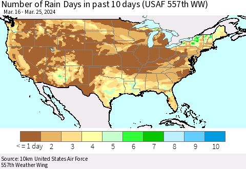United States Number of Rain Days in past 10 days (USAF 557th WW) Thematic Map For 3/21/2024 - 3/25/2024
