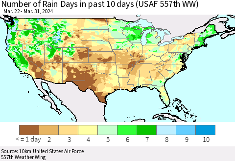 United States Number of Rain Days in past 10 days (USAF 557th WW) Thematic Map For 3/26/2024 - 3/31/2024