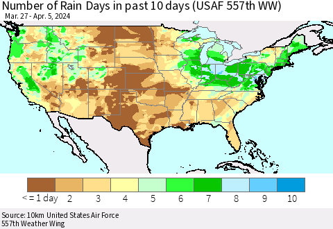 United States Number of Rain Days in past 10 days (USAF 557th WW) Thematic Map For 4/1/2024 - 4/5/2024