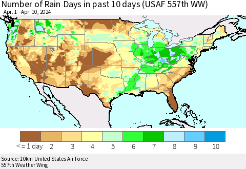 United States Number of Rain Days in past 10 days (USAF 557th WW) Thematic Map For 4/6/2024 - 4/10/2024