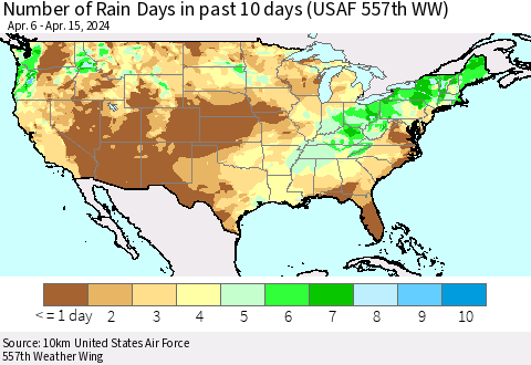 United States Number of Rain Days in past 10 days (USAF 557th WW) Thematic Map For 4/11/2024 - 4/15/2024