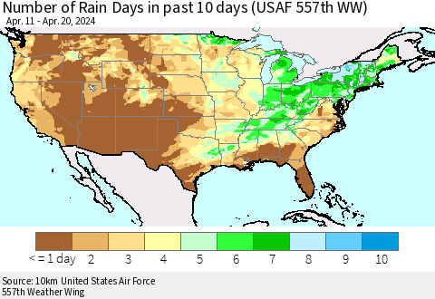 United States Number of Rain Days in past 10 days (USAF 557th WW) Thematic Map For 4/16/2024 - 4/20/2024