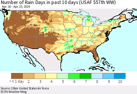 United States Number of Rain Days in past 10 days (USAF 557th WW) Thematic Map For 4/21/2024 - 4/25/2024