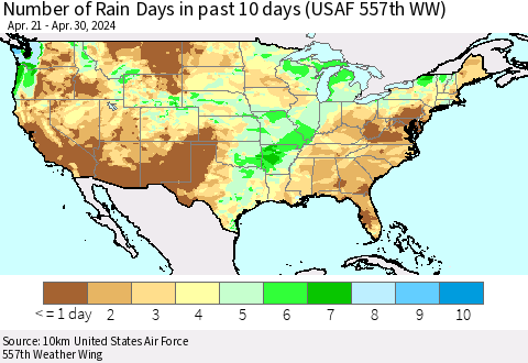 United States Number of Rain Days in past 10 days (USAF 557th WW) Thematic Map For 4/26/2024 - 4/30/2024