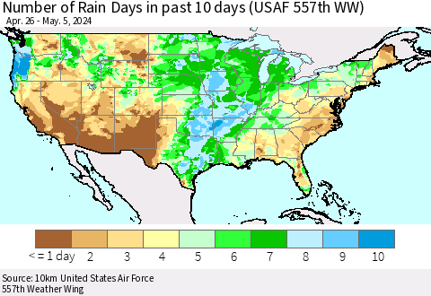 United States Number of Rain Days in past 10 days (USAF 557th WW) Thematic Map For 5/1/2024 - 5/5/2024