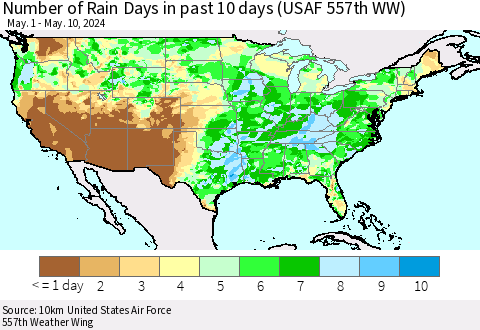 United States Number of Rain Days in past 10 days (USAF 557th WW) Thematic Map For 5/6/2024 - 5/10/2024
