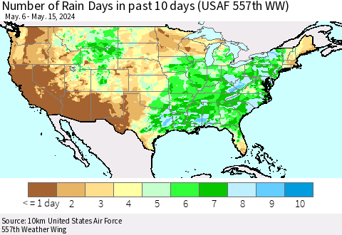 United States Number of Rain Days in past 10 days (USAF 557th WW) Thematic Map For 5/11/2024 - 5/15/2024