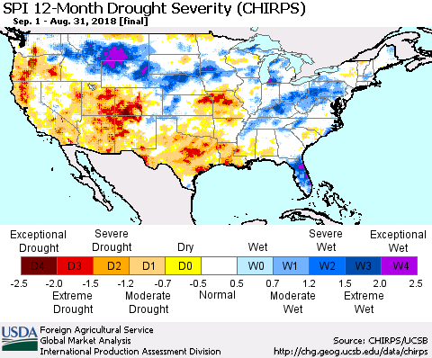 United States SPI 12-Month Drought Severity (CHIRPS) Thematic Map For 9/1/2017 - 8/31/2018