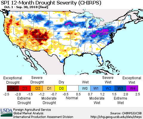United States SPI 12-Month Drought Severity (CHIRPS) Thematic Map For 10/1/2017 - 9/30/2018