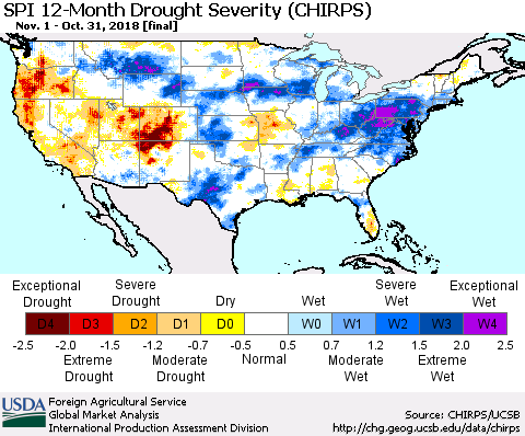 United States SPI 12-Month Drought Severity (CHIRPS) Thematic Map For 11/1/2017 - 10/31/2018