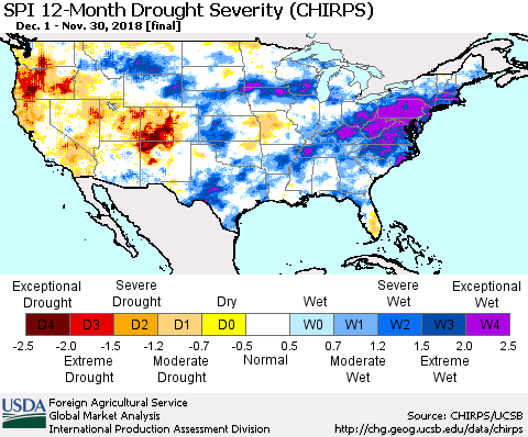 United States SPI 12-Month Drought Severity (CHIRPS) Thematic Map For 12/1/2017 - 11/30/2018