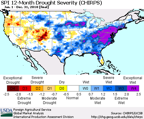 United States SPI 12-Month Drought Severity (CHIRPS) Thematic Map For 1/1/2018 - 12/31/2018
