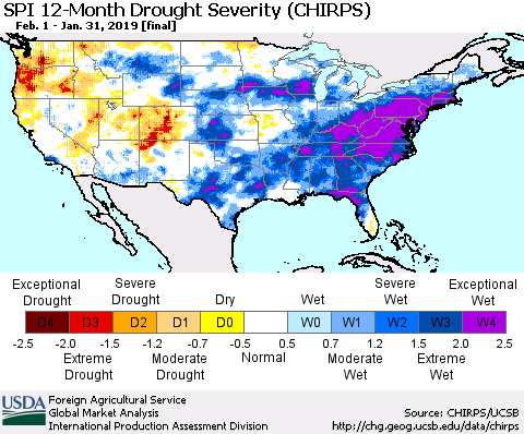 United States SPI 12-Month Drought Severity (CHIRPS) Thematic Map For 2/1/2018 - 1/31/2019