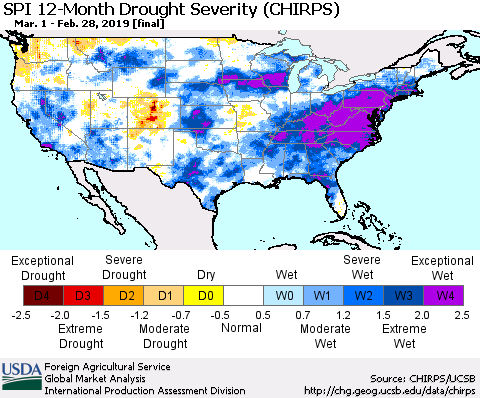 United States SPI 12-Month Drought Severity (CHIRPS) Thematic Map For 3/1/2018 - 2/28/2019