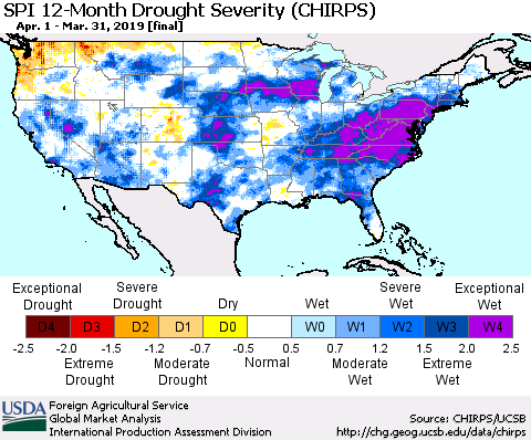 United States SPI 12-Month Drought Severity (CHIRPS) Thematic Map For 4/1/2018 - 3/31/2019