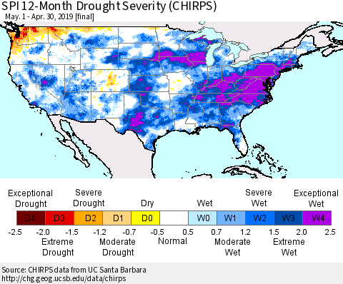 United States SPI 12-Month Drought Severity (CHIRPS) Thematic Map For 5/1/2018 - 4/30/2019