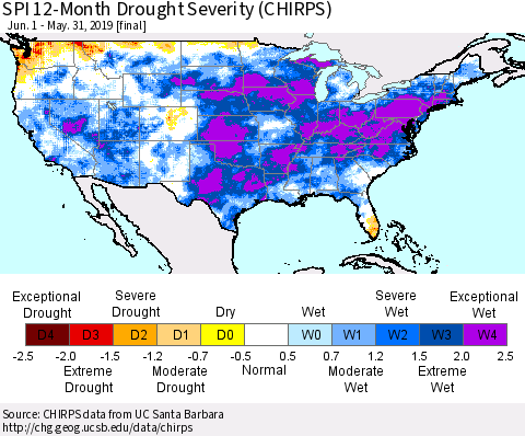 United States SPI 12-Month Drought Severity (CHIRPS) Thematic Map For 6/1/2018 - 5/31/2019