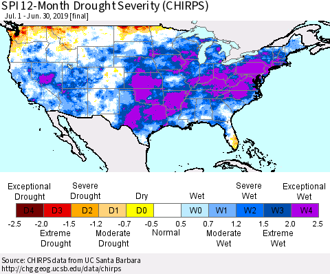 United States SPI 12-Month Drought Severity (CHIRPS) Thematic Map For 7/1/2018 - 6/30/2019
