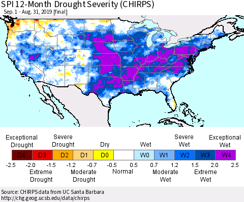 United States SPI 12-Month Drought Severity (CHIRPS) Thematic Map For 9/1/2018 - 8/31/2019