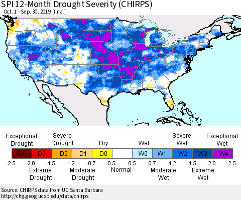 United States SPI 12-Month Drought Severity (CHIRPS) Thematic Map For 10/1/2018 - 9/30/2019