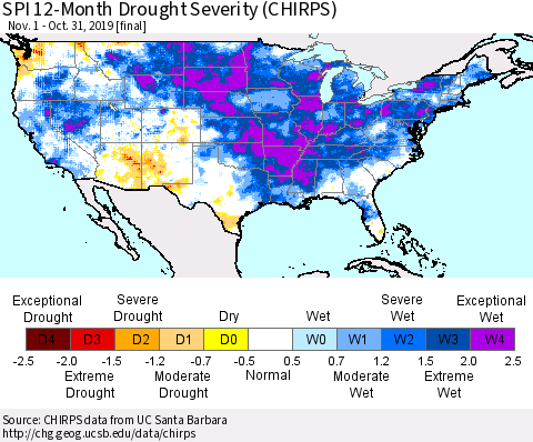United States SPI 12-Month Drought Severity (CHIRPS) Thematic Map For 11/1/2018 - 10/31/2019