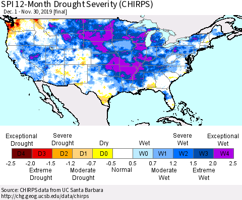 United States SPI 12-Month Drought Severity (CHIRPS) Thematic Map For 12/1/2018 - 11/30/2019