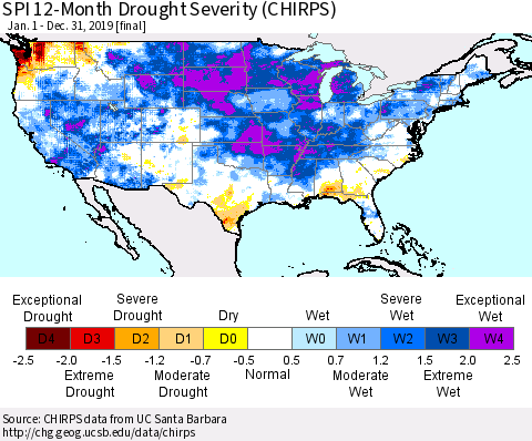 United States SPI 12-Month Drought Severity (CHIRPS) Thematic Map For 1/1/2019 - 12/31/2019