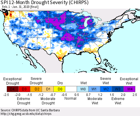 United States SPI 12-Month Drought Severity (CHIRPS) Thematic Map For 2/1/2019 - 1/31/2020