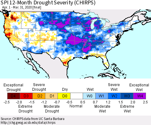 United States SPI 12-Month Drought Severity (CHIRPS) Thematic Map For 4/1/2019 - 3/31/2020