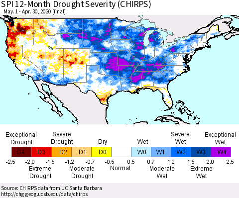 United States SPI 12-Month Drought Severity (CHIRPS) Thematic Map For 5/1/2019 - 4/30/2020