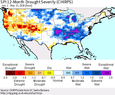 United States SPI 12-Month Drought Severity (CHIRPS) Thematic Map For 6/1/2019 - 5/31/2020