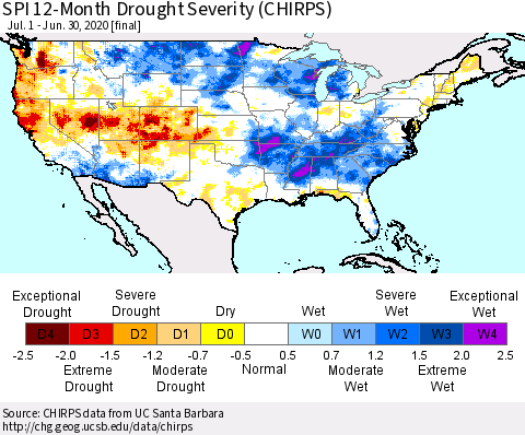 United States SPI 12-Month Drought Severity (CHIRPS) Thematic Map For 7/1/2019 - 6/30/2020