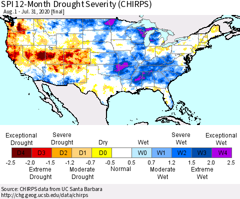 United States SPI 12-Month Drought Severity (CHIRPS) Thematic Map For 8/1/2019 - 7/31/2020