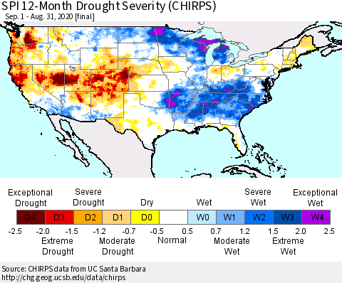 United States SPI 12-Month Drought Severity (CHIRPS) Thematic Map For 9/1/2019 - 8/31/2020