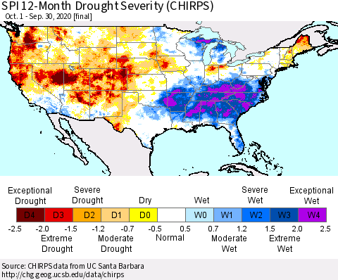 United States SPI 12-Month Drought Severity (CHIRPS) Thematic Map For 10/1/2019 - 9/30/2020