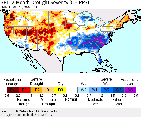 United States SPI 12-Month Drought Severity (CHIRPS) Thematic Map For 11/1/2019 - 10/31/2020