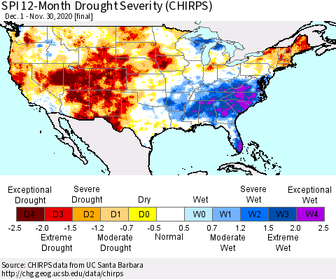 United States SPI 12-Month Drought Severity (CHIRPS) Thematic Map For 12/1/2019 - 11/30/2020