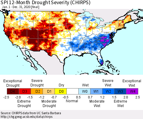 United States SPI 12-Month Drought Severity (CHIRPS) Thematic Map For 1/1/2020 - 12/31/2020