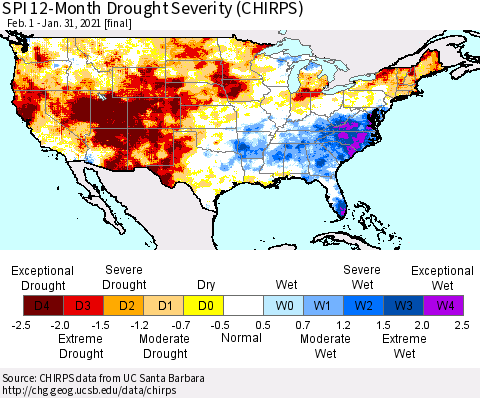 United States SPI 12-Month Drought Severity (CHIRPS) Thematic Map For 2/1/2020 - 1/31/2021