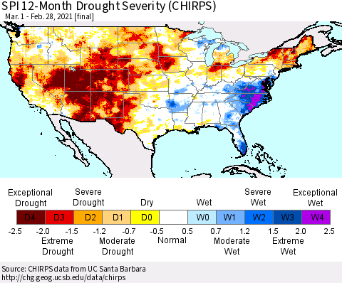 United States SPI 12-Month Drought Severity (CHIRPS) Thematic Map For 3/1/2020 - 2/28/2021
