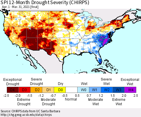 United States SPI 12-Month Drought Severity (CHIRPS) Thematic Map For 4/1/2020 - 3/31/2021
