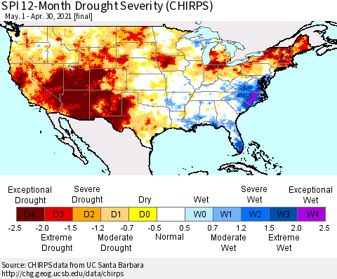 United States SPI 12-Month Drought Severity (CHIRPS) Thematic Map For 5/1/2020 - 4/30/2021
