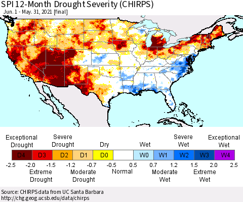 United States SPI 12-Month Drought Severity (CHIRPS) Thematic Map For 6/1/2020 - 5/31/2021