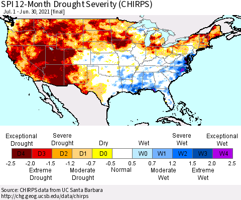 United States SPI 12-Month Drought Severity (CHIRPS) Thematic Map For 7/1/2020 - 6/30/2021