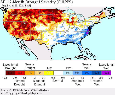 United States SPI 12-Month Drought Severity (CHIRPS) Thematic Map For 8/1/2020 - 7/31/2021