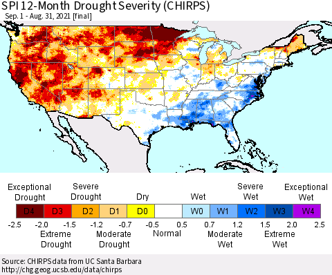 United States SPI 12-Month Drought Severity (CHIRPS) Thematic Map For 9/1/2020 - 8/31/2021